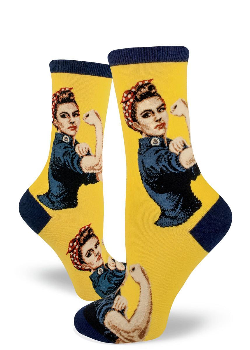 Rosie the Riveter socks for women with feminist icon Rosie the Riveter on a yellow background