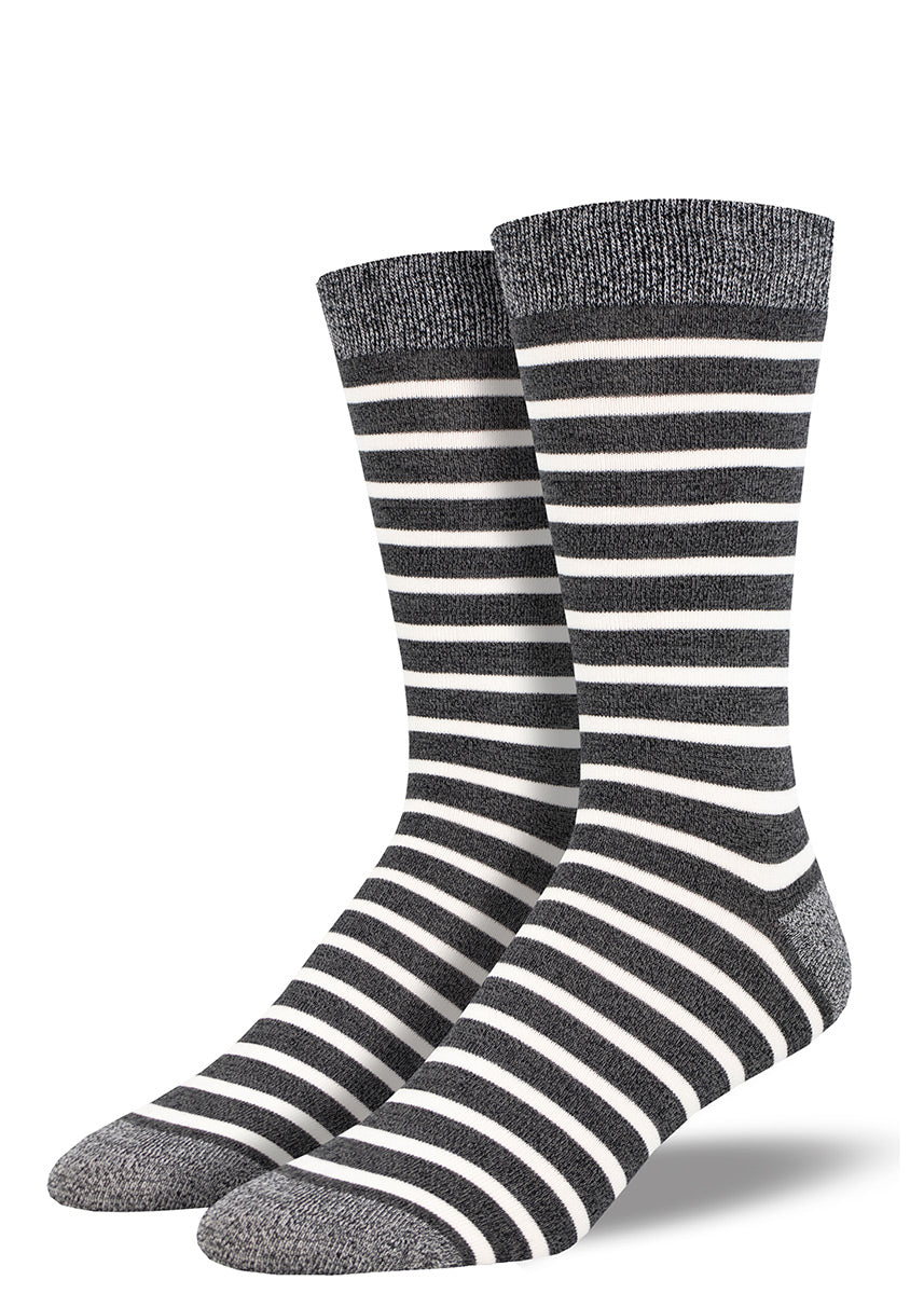 Bamboo socks for men come in a charcoal and white striped pattern.