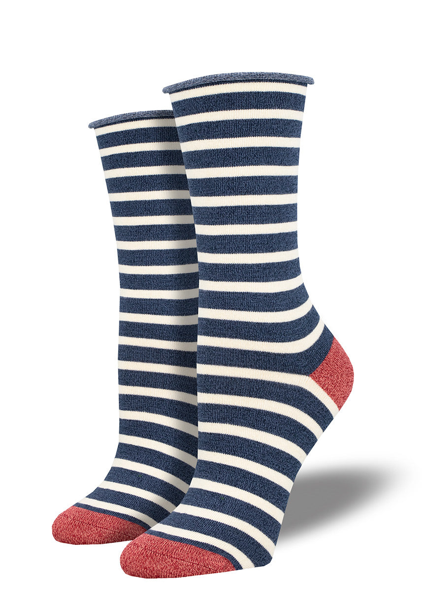 Bamboo socks for women in navy with white stripes and a roll-top cuff. 
