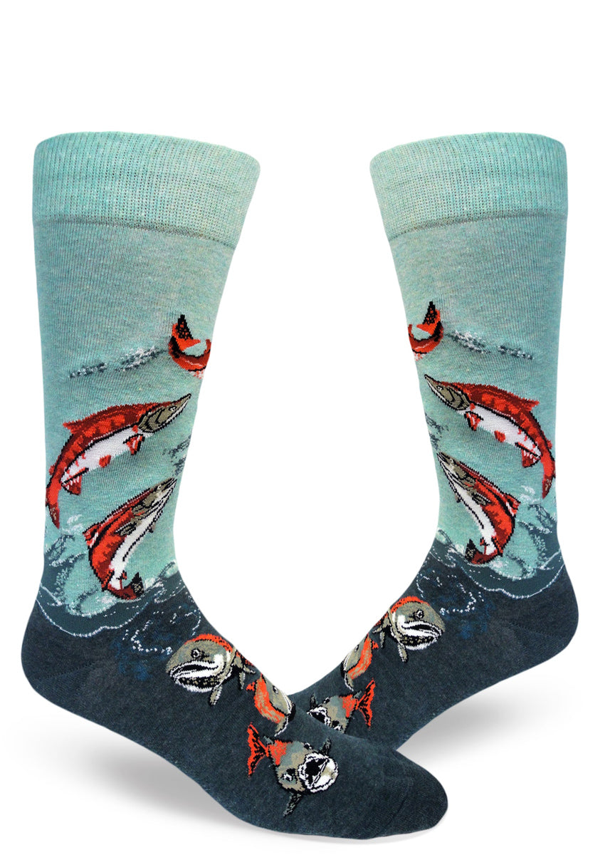 Salmon socks for men with spawning salmon swimming up a stream  
