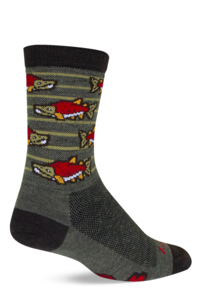 Funny salmon socks with the word “SPAWN” on the bottom of the foot and red sockeye salmon in their spawning colors on the leg.