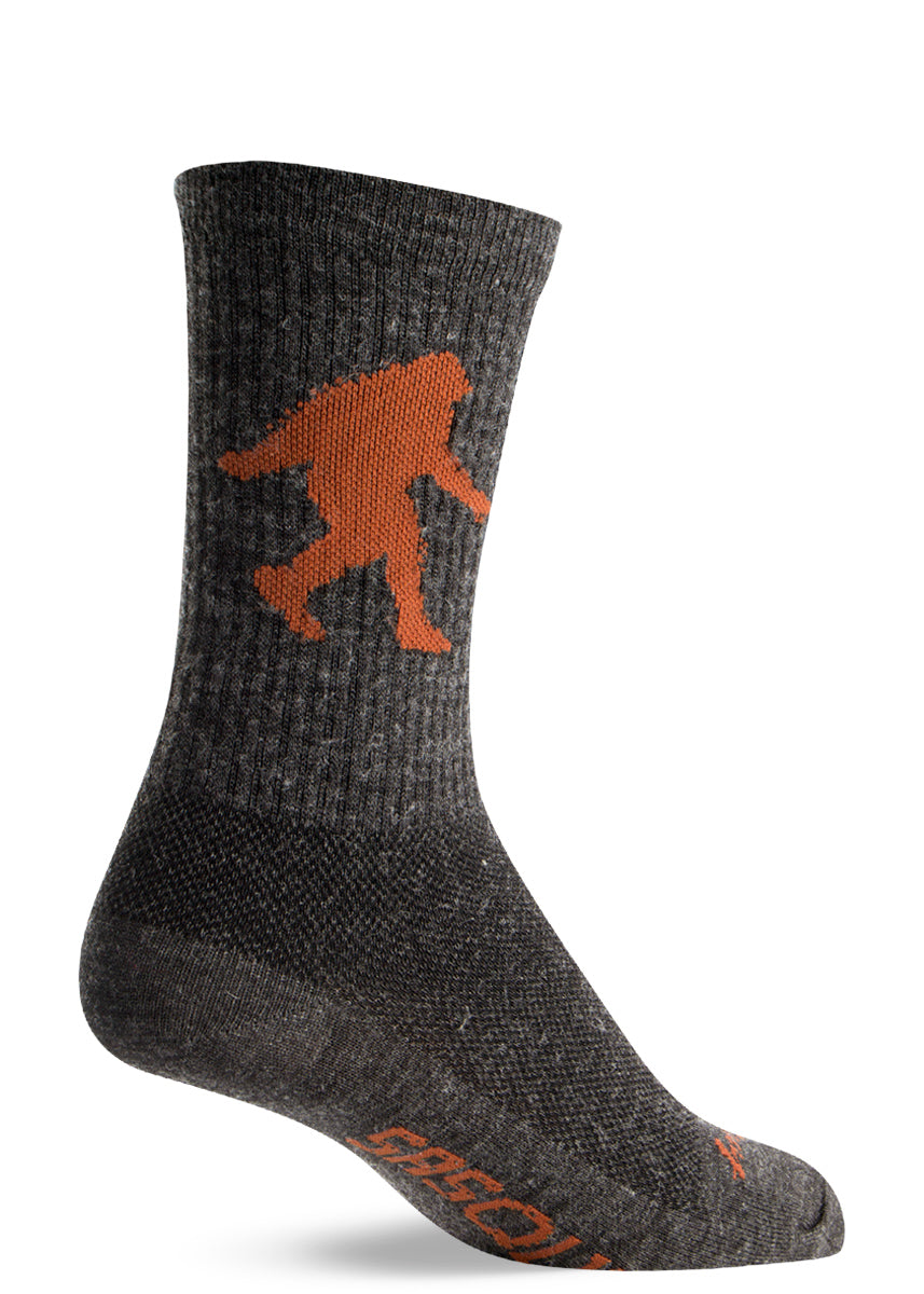 Wool Sasquatch socks for men and women with Bigfoot in the classic pose and the word "SASQUATCH" on the foot