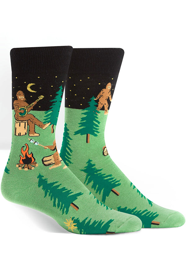 Camping Sasquatch socks for men with Bigfoot around a campfire