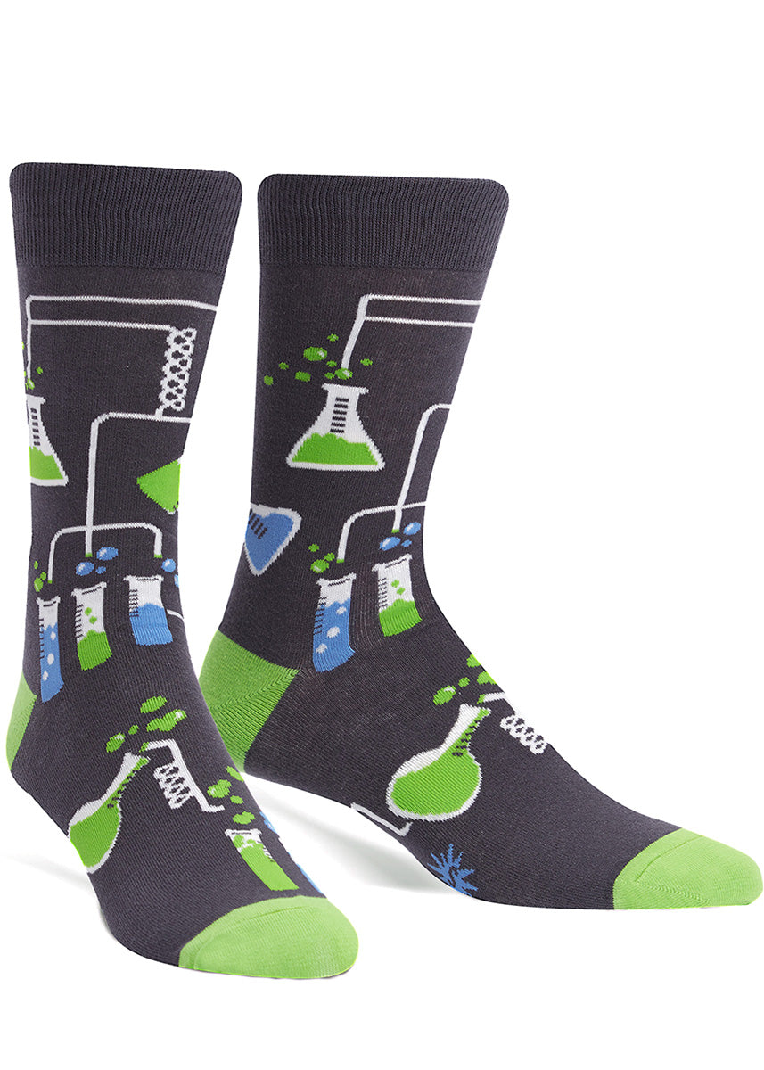 Cool chemistry socks for men with laboratory supplies like test tubes and flasks.