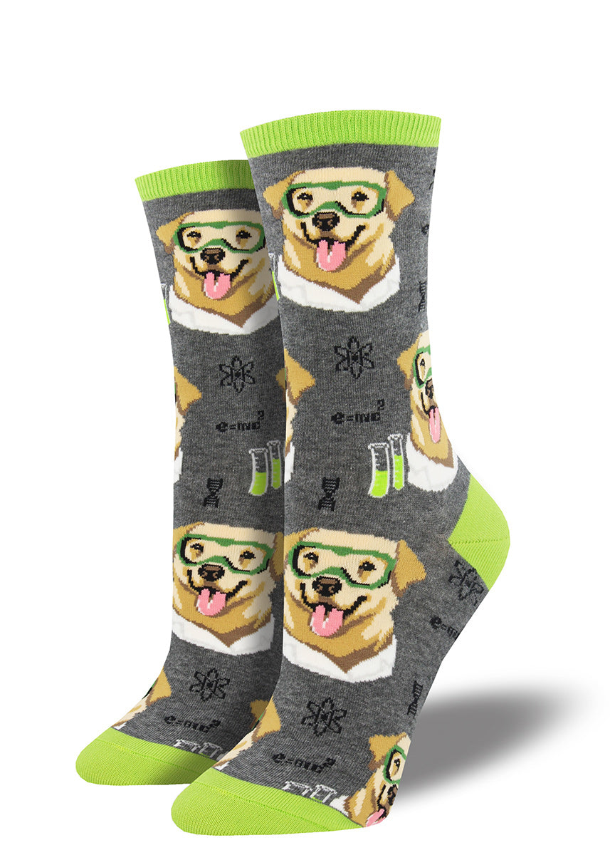 Yellow science labs wear safety googles on these funny science dog socks for women.