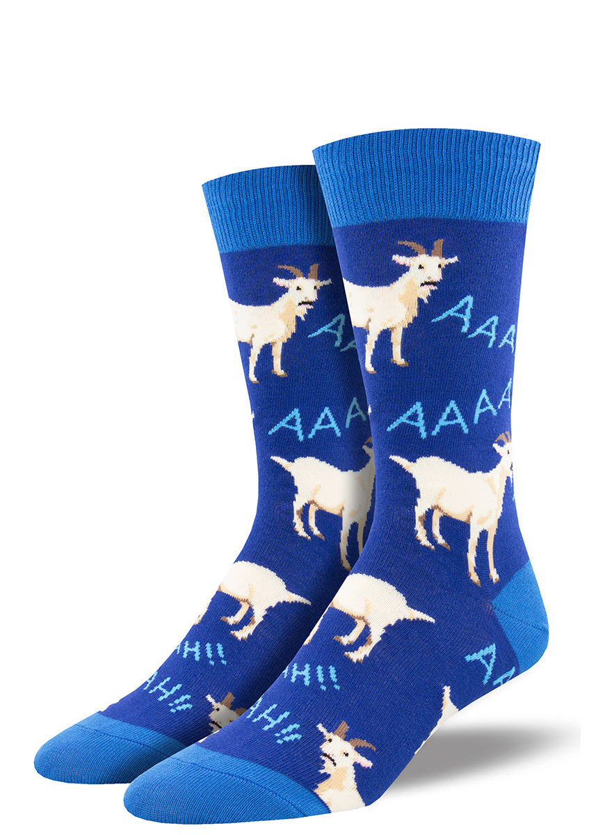 Dark blue socks for men feature screaming goats that say "Aaah!"