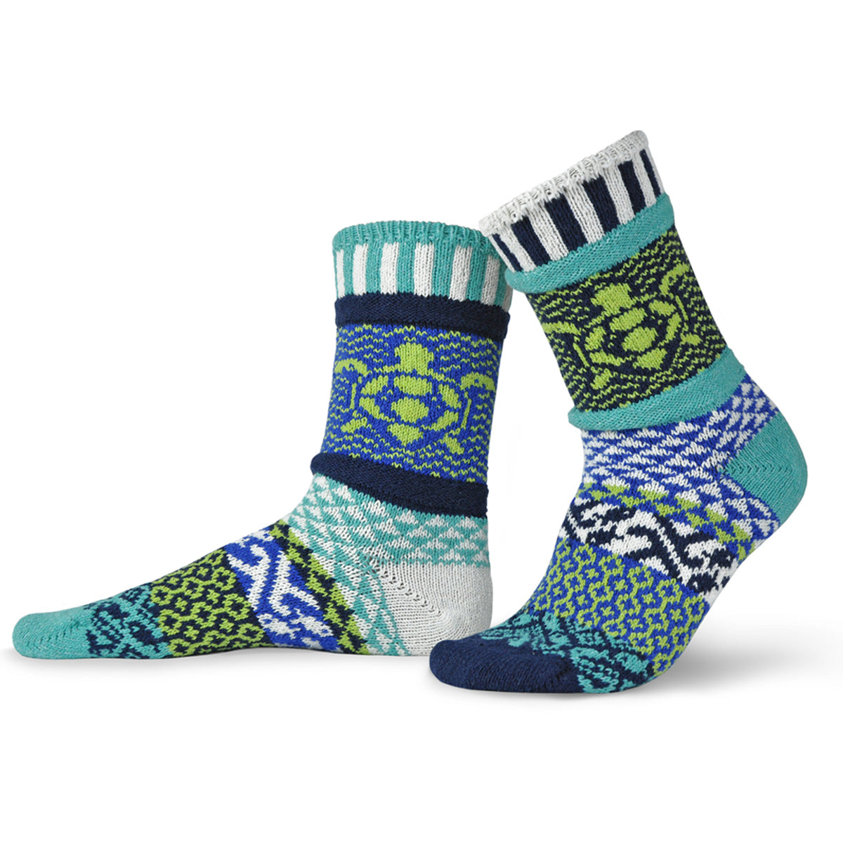 Funky mismatched socks feature patterns in blues, greens, and whites with a sea turtle design!