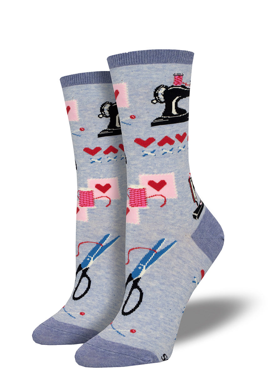 Cute sewing socks with a design of patches, stitches, scissors and old-fashioned sewing machines.