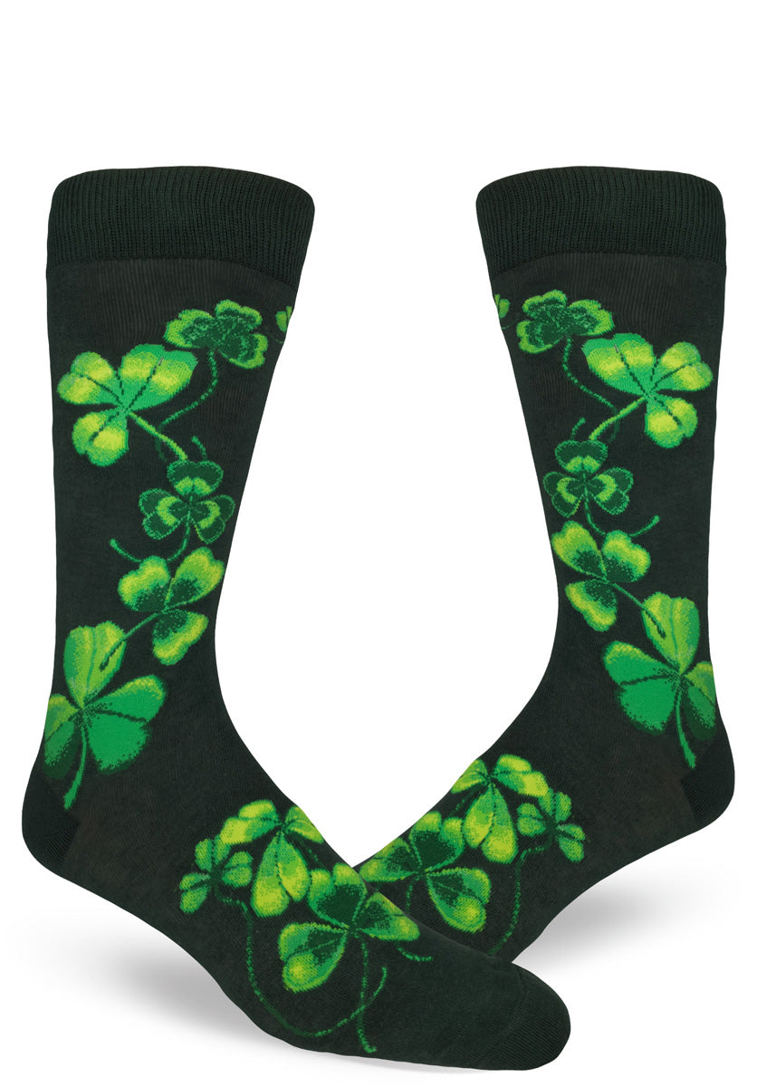 Bright green shamrocks decorate these Irish-pride socks for men.