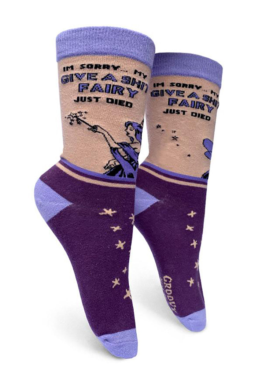 Funny socks for women show a purple fairy waving a magic wand with the words, "I'm sorry...my give a shit fairy just died."