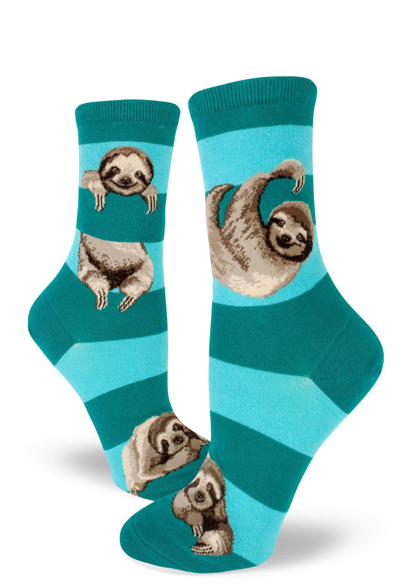 Cute sloth socks for women with sloths hanging between stripes in teal