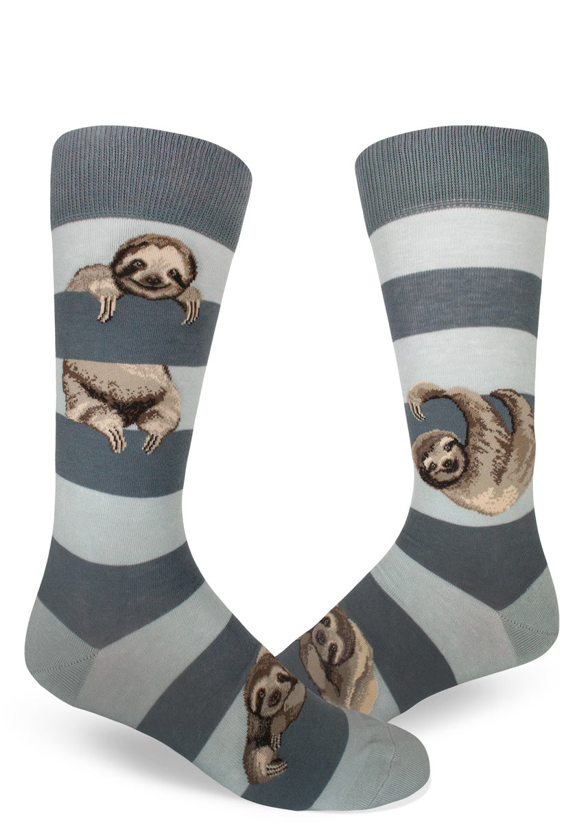 Sloth socks for men with cute sloths hanging between gray stripes