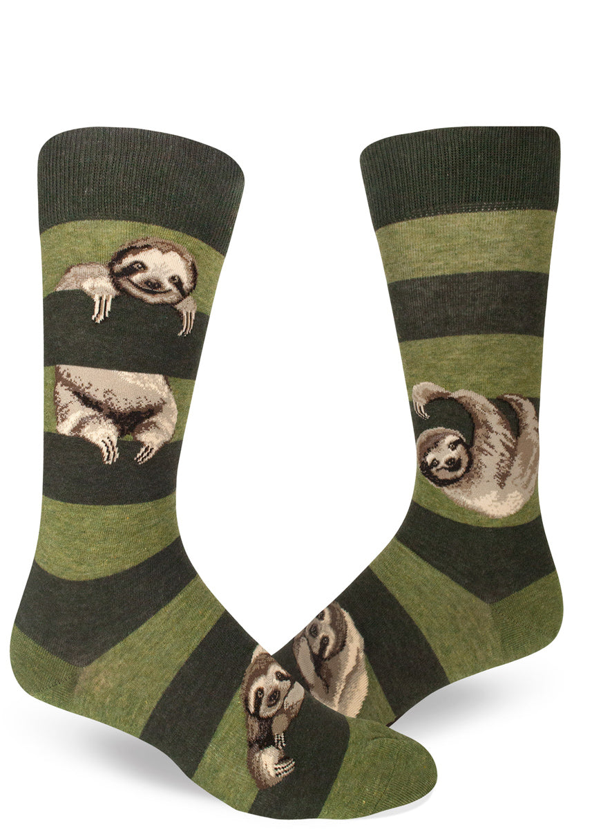 Sloth socks for men with cute sloths hanging between green stripes