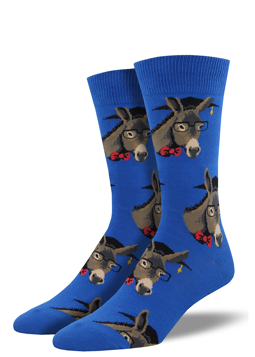 Smart ass donkey socks for men have donkeys wearing graduation caps, glasses and bow-ties.
