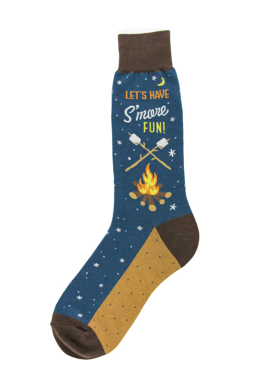 Camping crew socks for men show marshmallows over a campfire with the words, "Let's have S'more fun!" and graham cracker designs on the bottom of the foot.