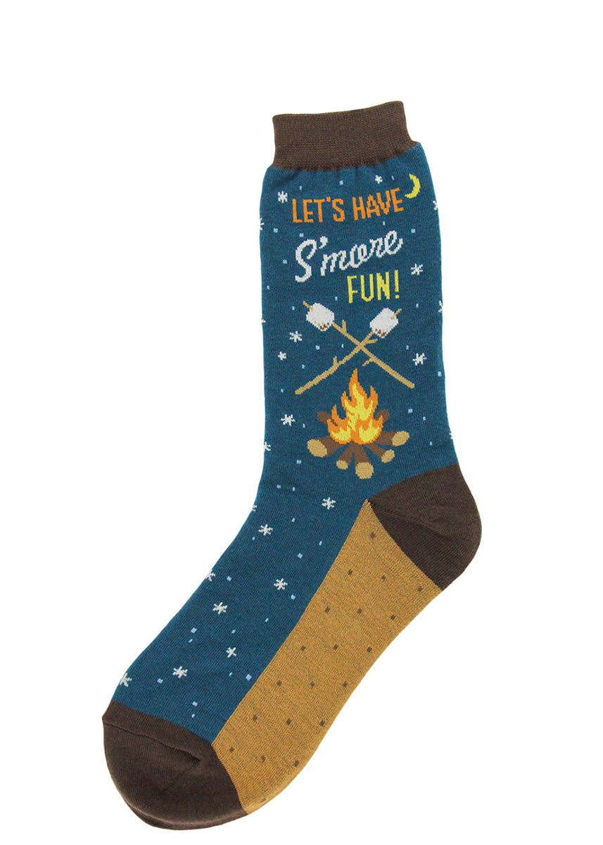 Camping socks for women show marshmallows roasting over a campfire under a starry sky with the words, "Let's have S'more fun!"