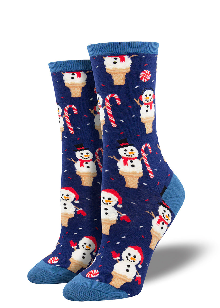 Winter crew socks for women feature adorable snowmen in ice cream cones with candy canes and peppermint candies.