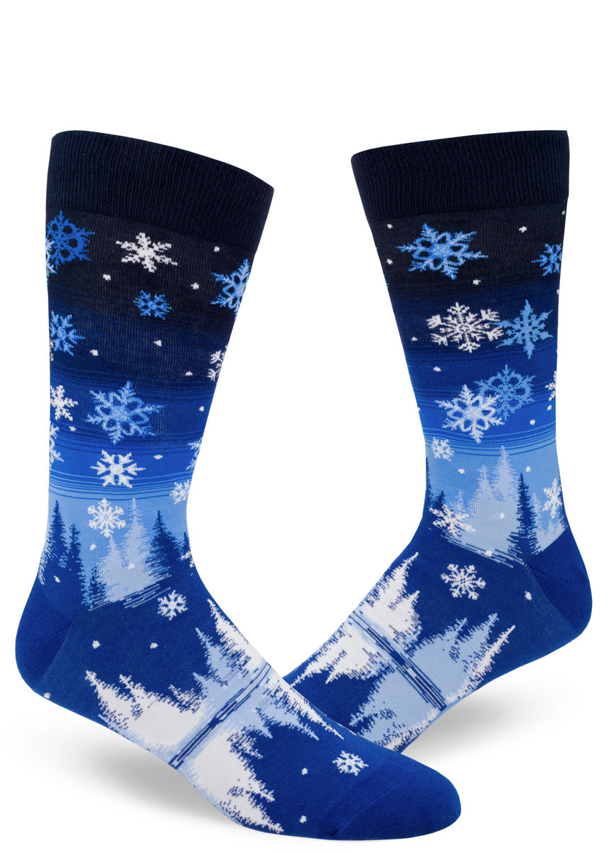 Snowflake socks for men with snow and trees in the night sky