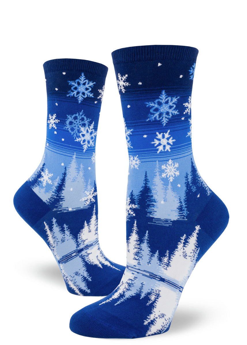 Snowflake socks for women feature a beautiful winter snow scene.