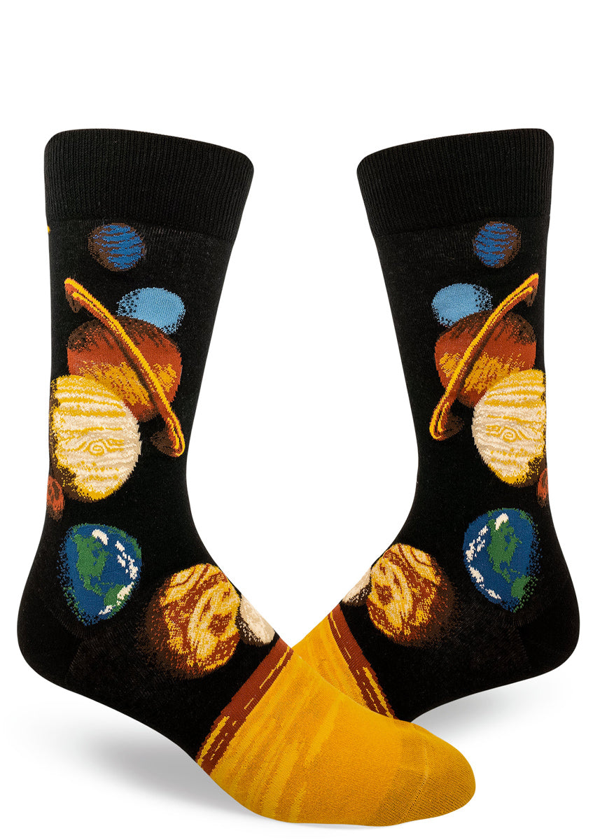 Solar system socks for men with planets in space on a starry black background