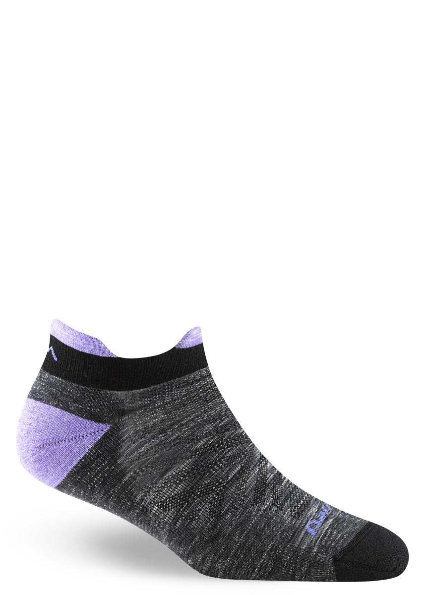 Space-dyed charcoal gray merino wool ankle socks with lavender accents at the heel and cuff.