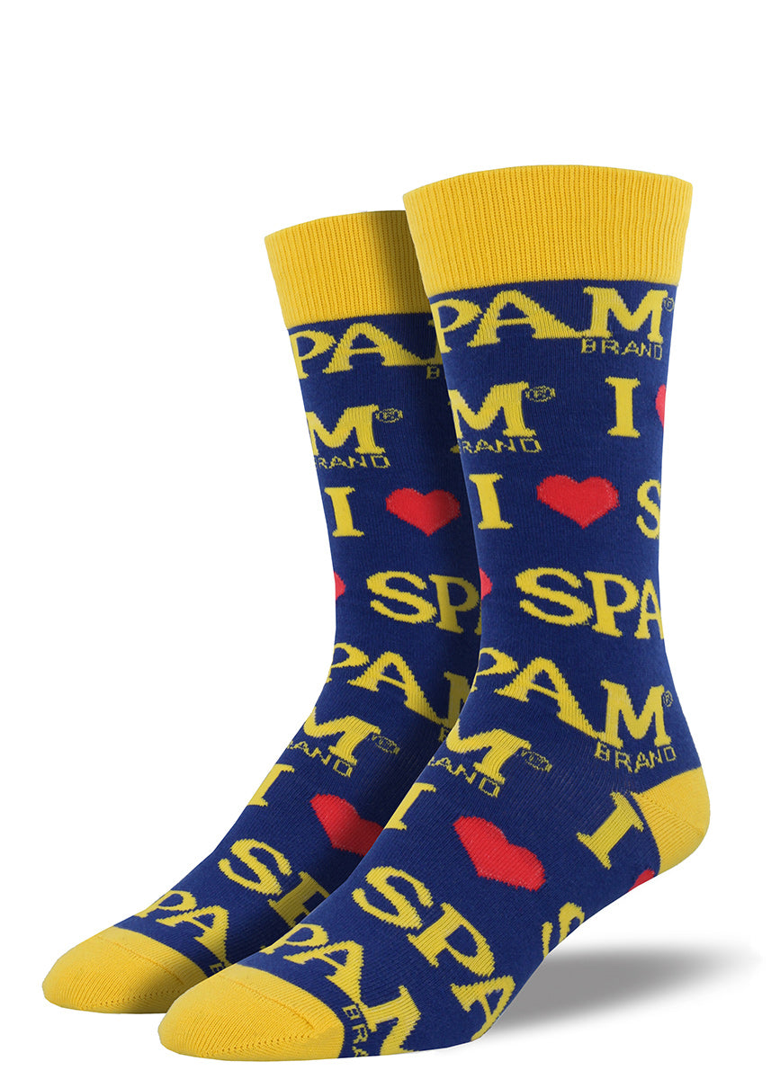 Spam socks for men with the Spam logo that say &quot;I Heart Spam&quot;