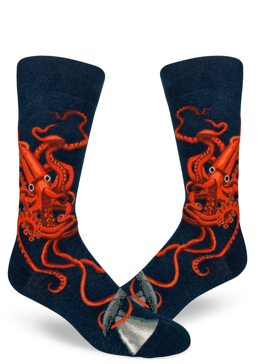 Cool kraken socks for men with giant squid and whale tails on a dark heather navy background