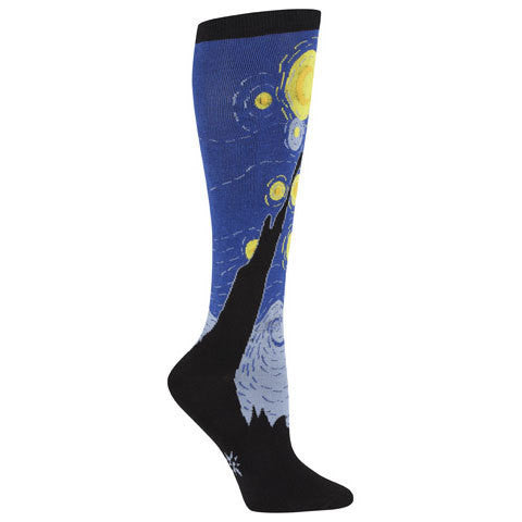 Van Gogh&#39;s starry masterpiece is recreated on these blue, black and yellow knee high socks.