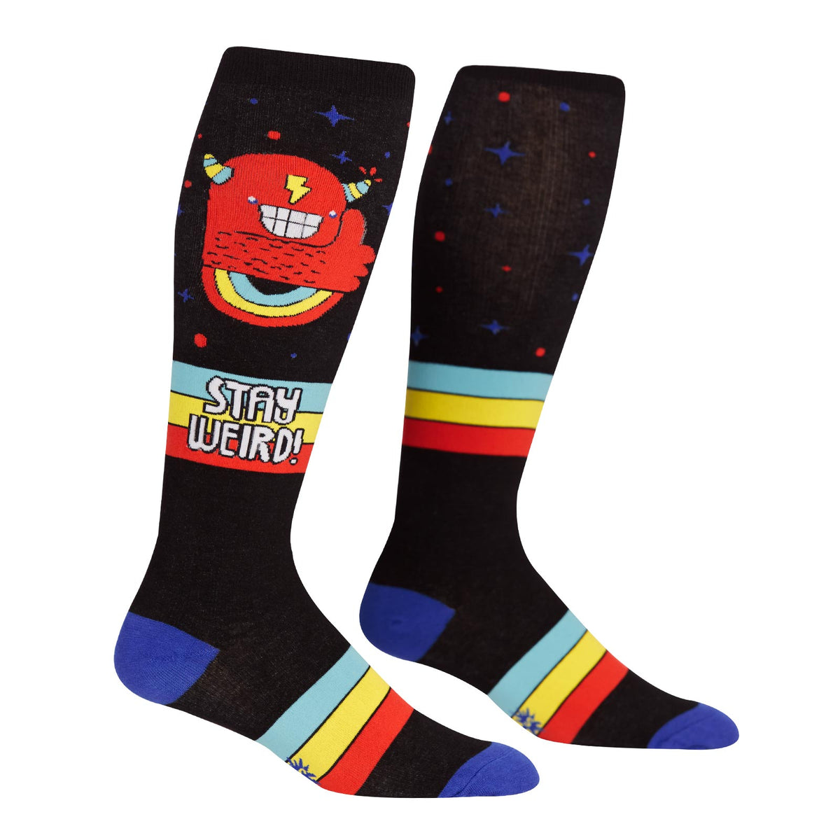 Extra-stretchy STAY WEIRD knee-high socks with monsters for wide calves