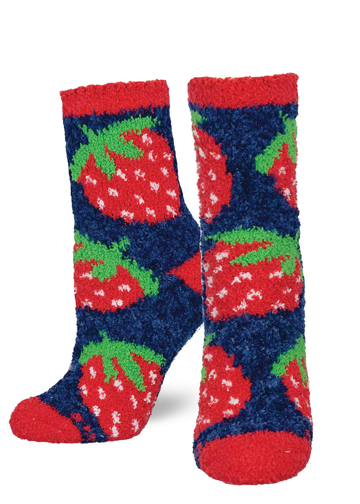 Navy blue crew socks decorated with big red strawberries and matching red heels, cuffs and toes.