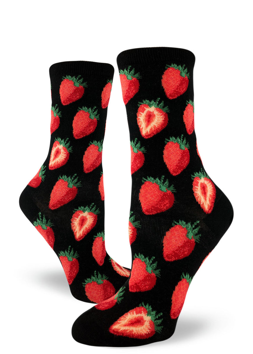 Strawberry socks for women with cute strawberries on a black background