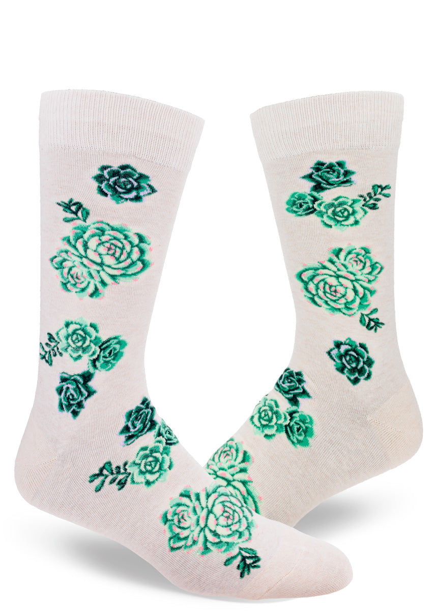 Cream men&#39;s crew socks with a pattern of green succulent plants.
