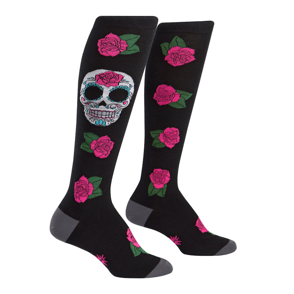Cute sugar skull knee socks for women with roses and Dia de Los Muertos skulls