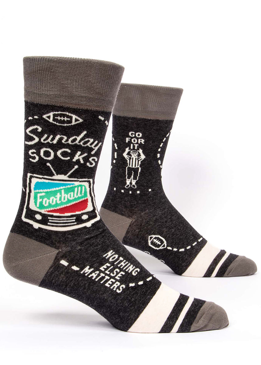 Funny football socks for men that say "Sunday Socks" "Football" and "Nothing Else Matters" with TVs