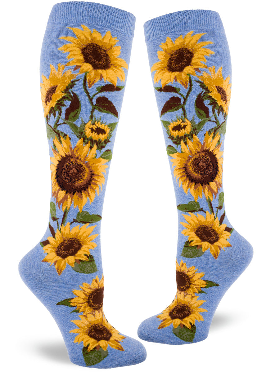 Knee high socks for women feature golden sunflowers bursting to life on a cornflower blue background.