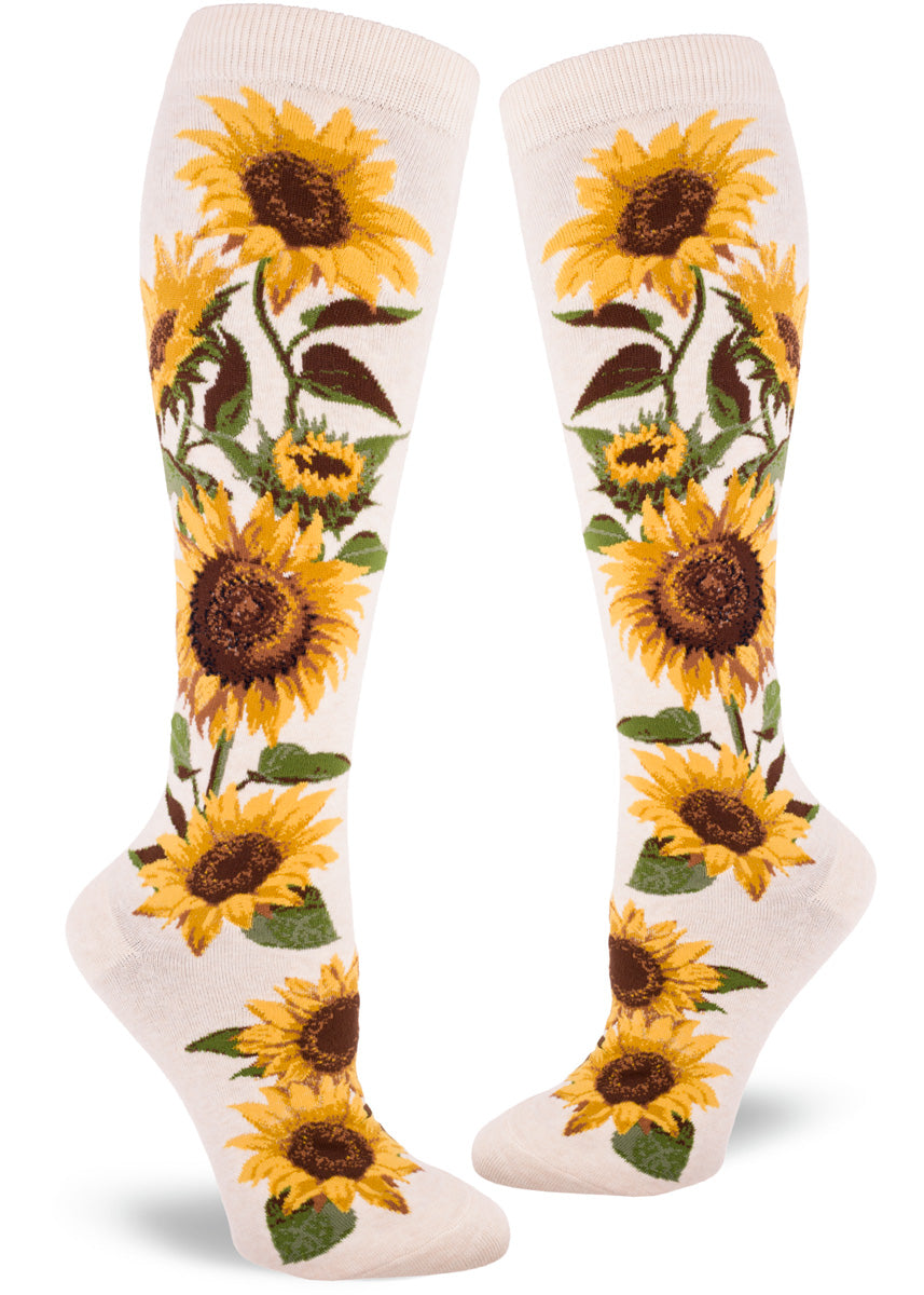 Knee high socks for women feature golden sunflowers bursting to life on a cornflower blue background.