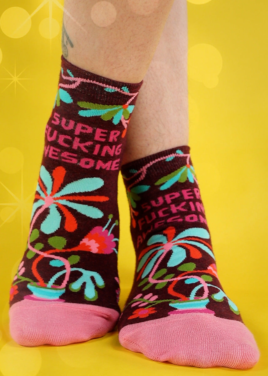 Funny ankle socks for women say &quot;Super fucking awesome&quot; above an abstract floral design!