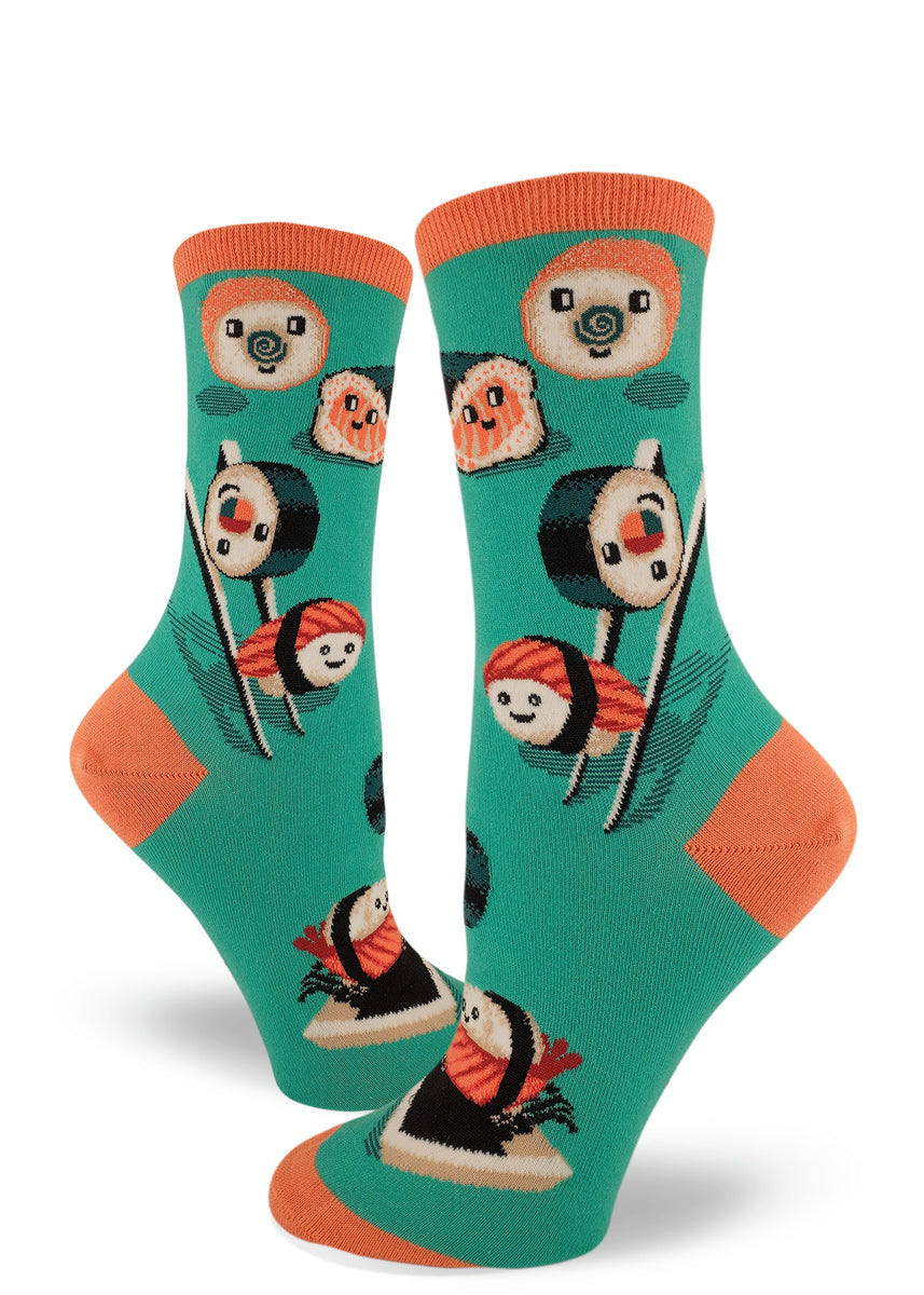 Cute sushi socks for women with happy sushi playing on chopsticks and soy sauce