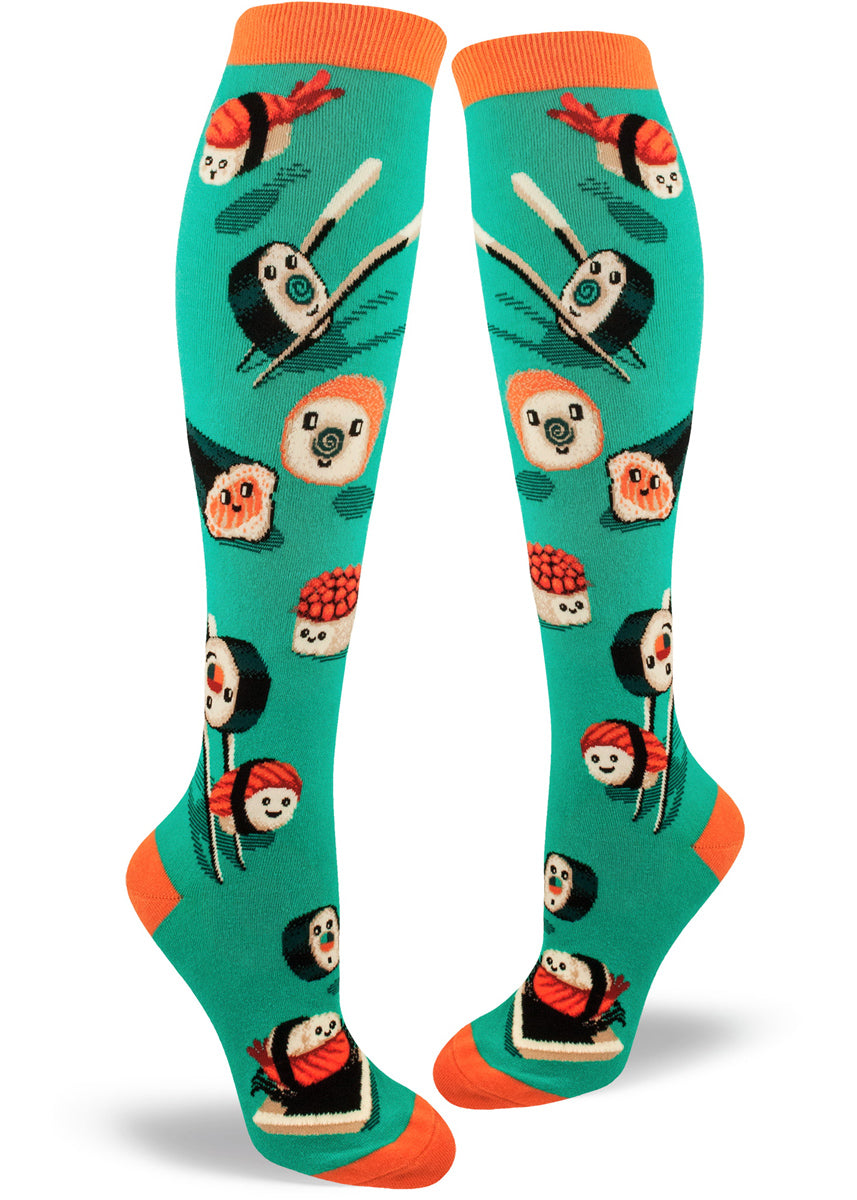 Knee-high sushi socks for women with cute pieces of happy sushi on teal socks