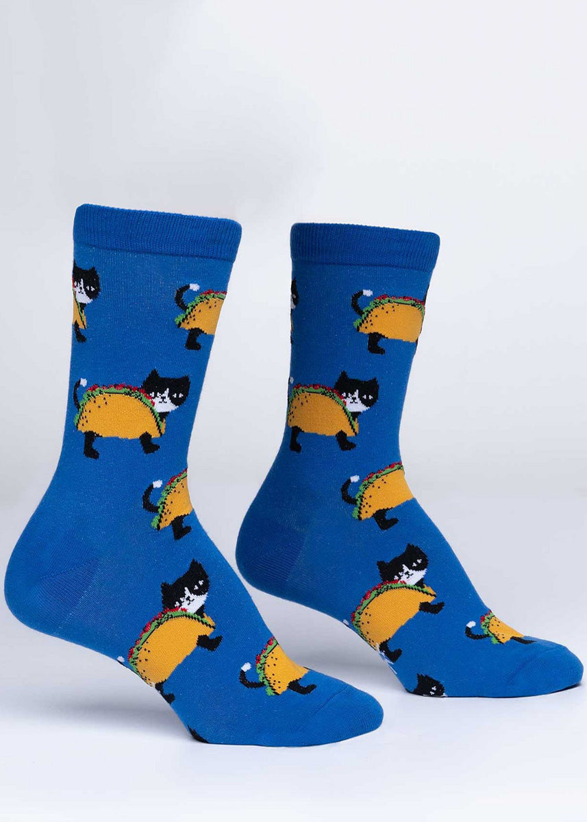 Funny cat socks for women show adorable black and white cats wearing taco costumes!
