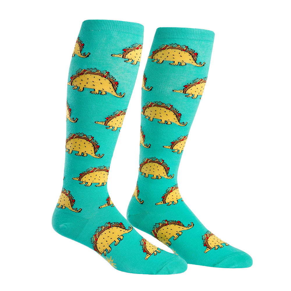 Taco dinosaurs knee socks for women with extra stretchy calves.