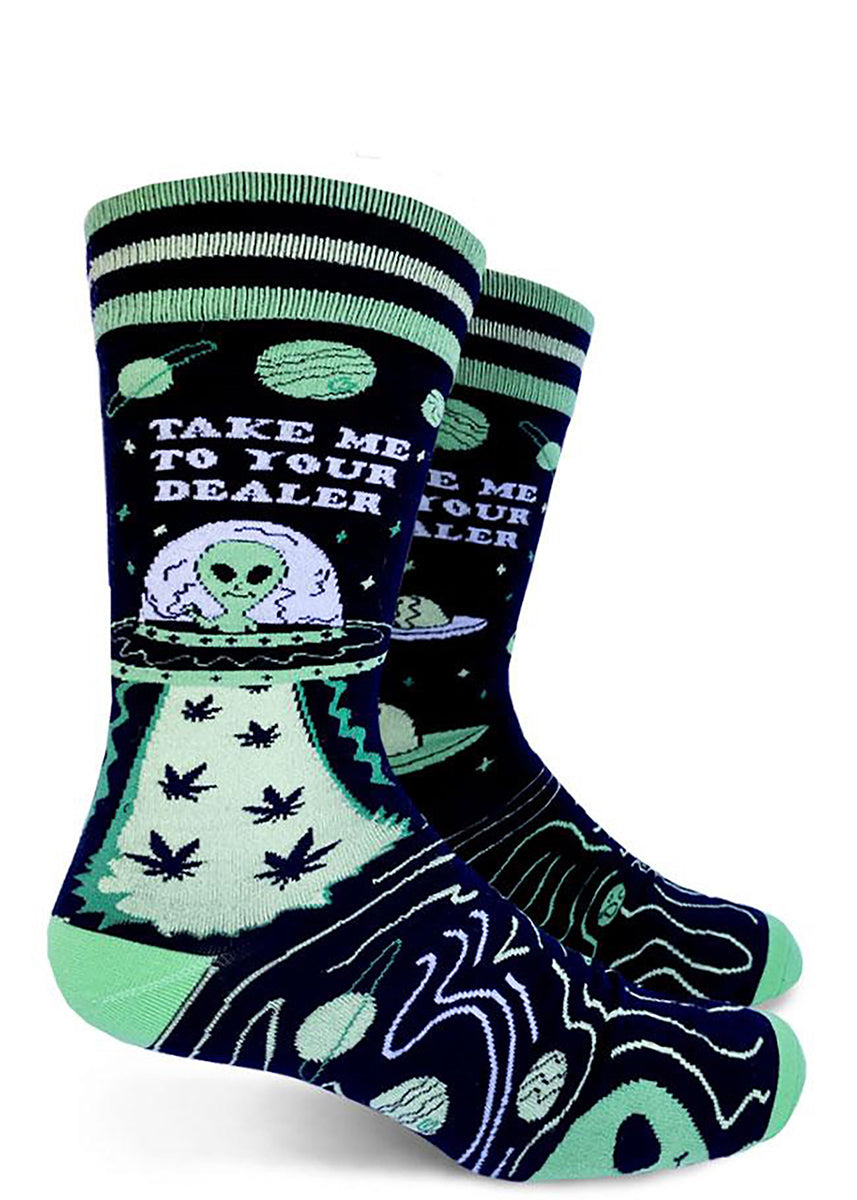 Funny weed socks feature aliens beaming up pot leaves with the words, "Take me to your dealer."