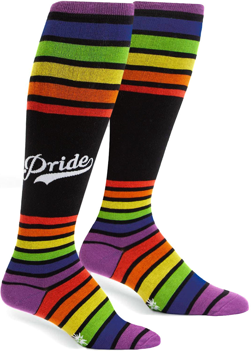 Team Pride knee-high socks with black and rainbow stripes and the word "Pride"