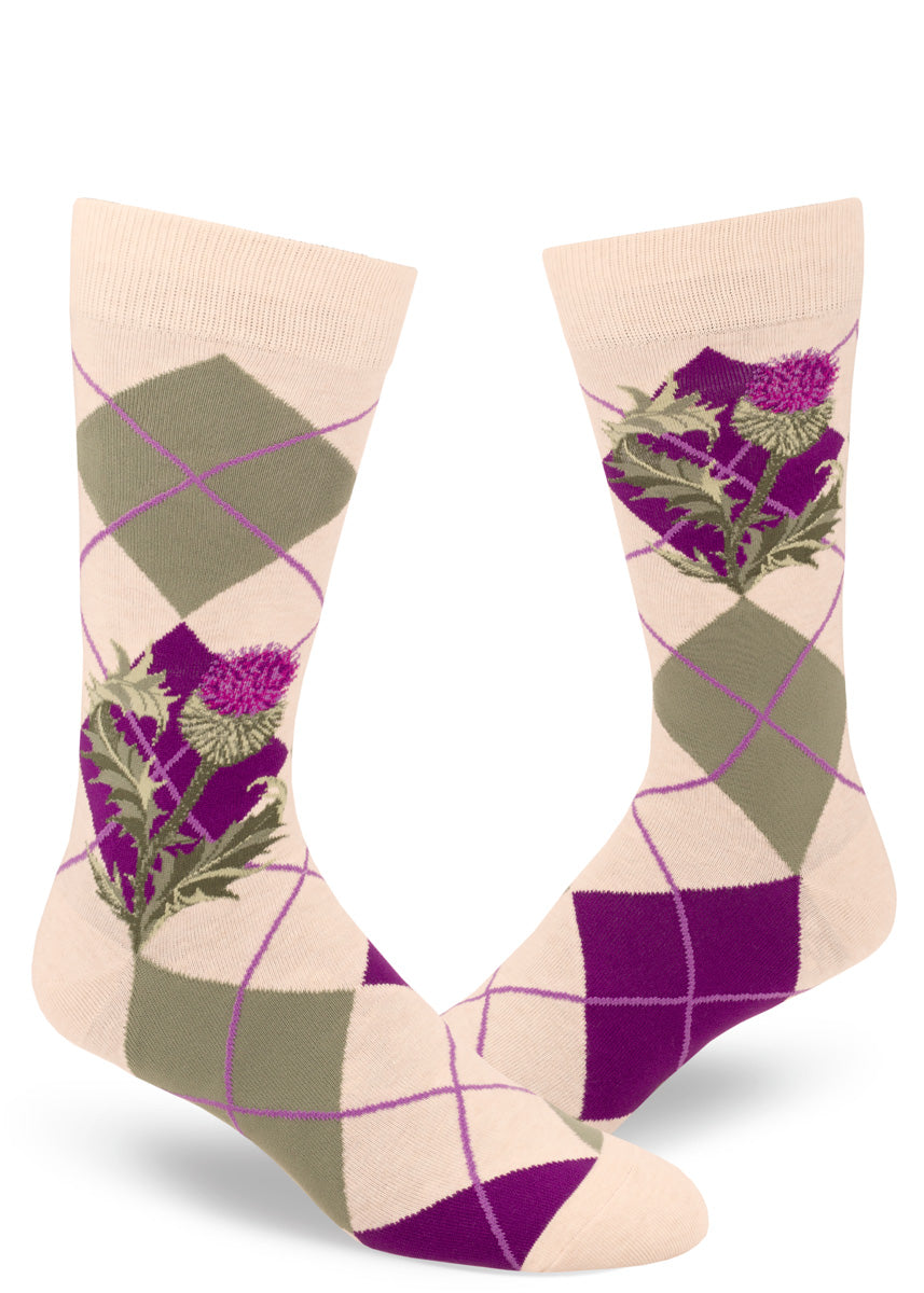 Argyle thistle socks for men with thistle flowers and leaves on purple, green and cream diamond pattern