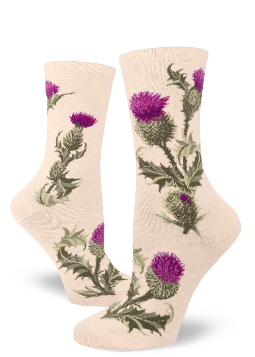 Thistle socks for women with thistle flowers and leaves on a cream background