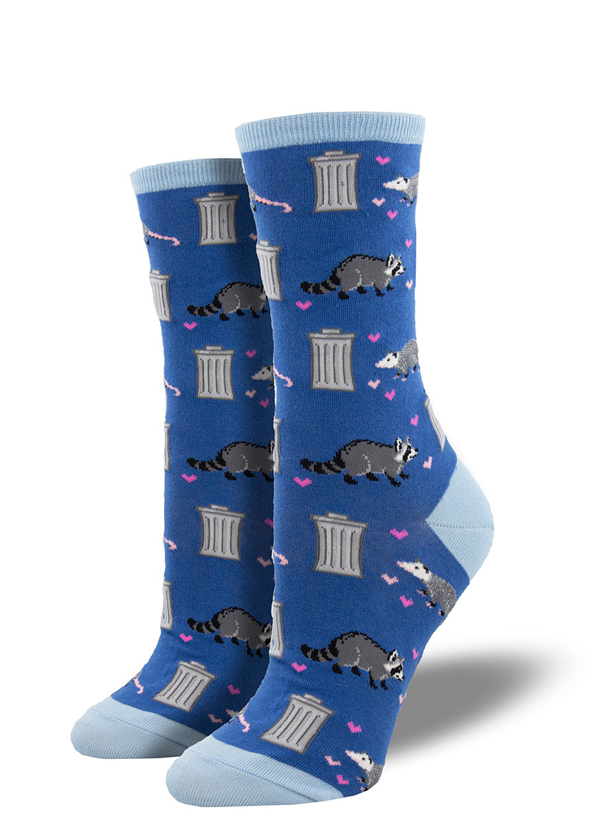 Funny animal socks for women show hearts flying among raccoons and possums with silver trash cans!
