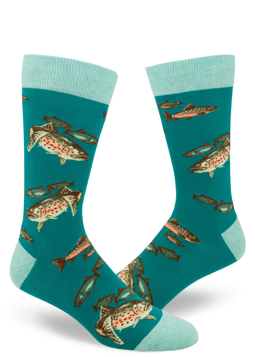 Trout socks for men with fish swimming on a teal background
