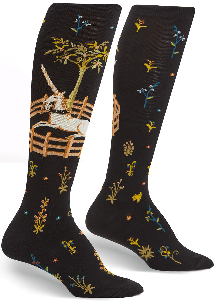 Unicorn tapestry socks based on the famous art with a unicorn and flowers on knee-high socks for women