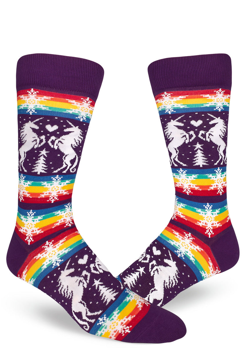 Funny gay Christmas socks for men with unicorns and snowflakes on a rainbow background.