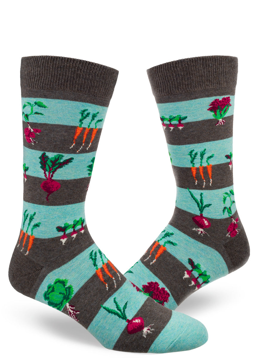 Vegetable garden socks for men show carrots, beets, onions and more growing beneath and above the ground!